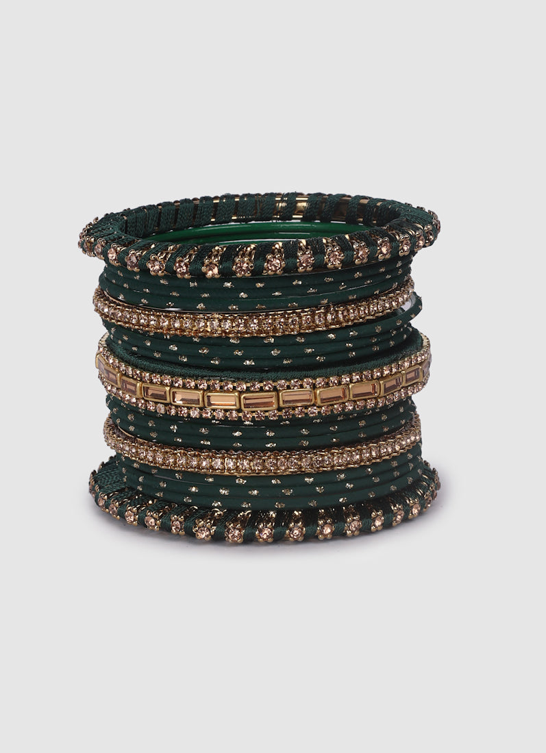 Dark Green Threadwork Bangle Set with Gold Diamonte