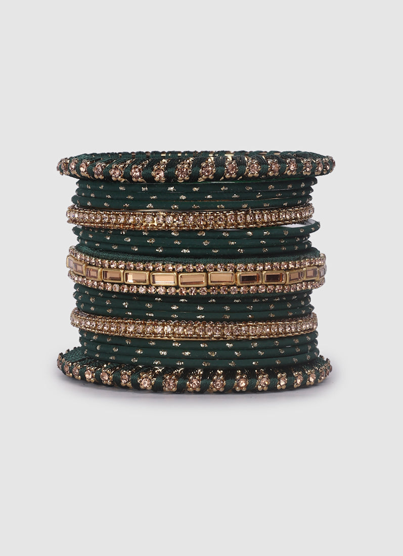 Dark Green Threadwork Bangle Set with Gold Diamonte