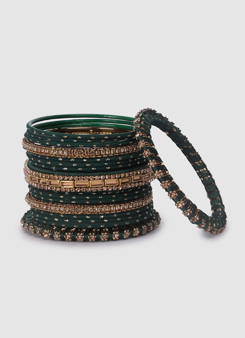 Dark Green Threadwork Bangle Set with Gold Diamonte