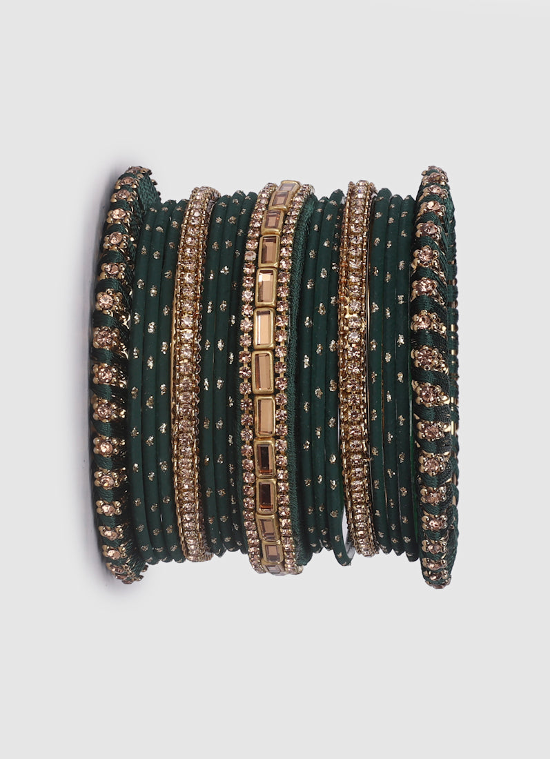 Dark Green Threadwork Bangle Set with Gold Diamonte