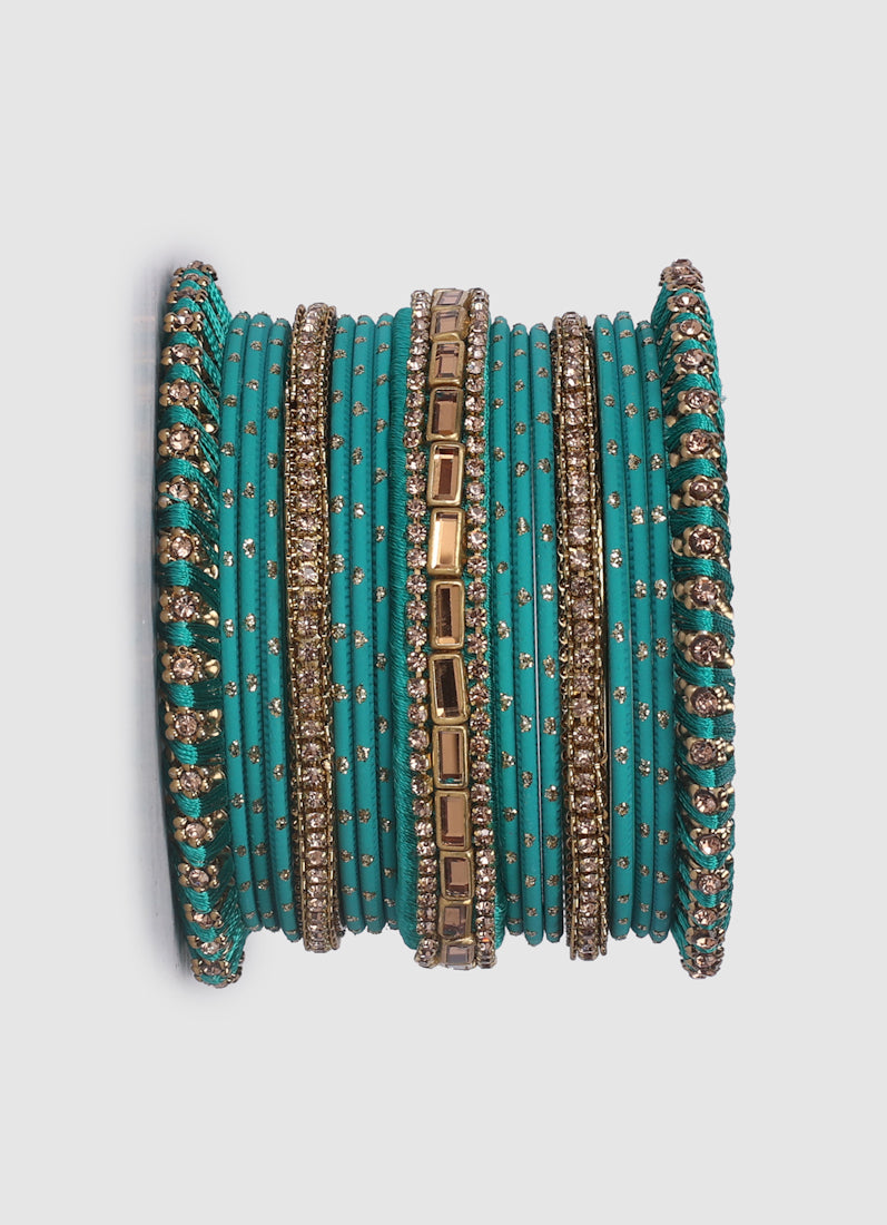 Rama Green Threadwork Bangle Set with LCT Diamonte
