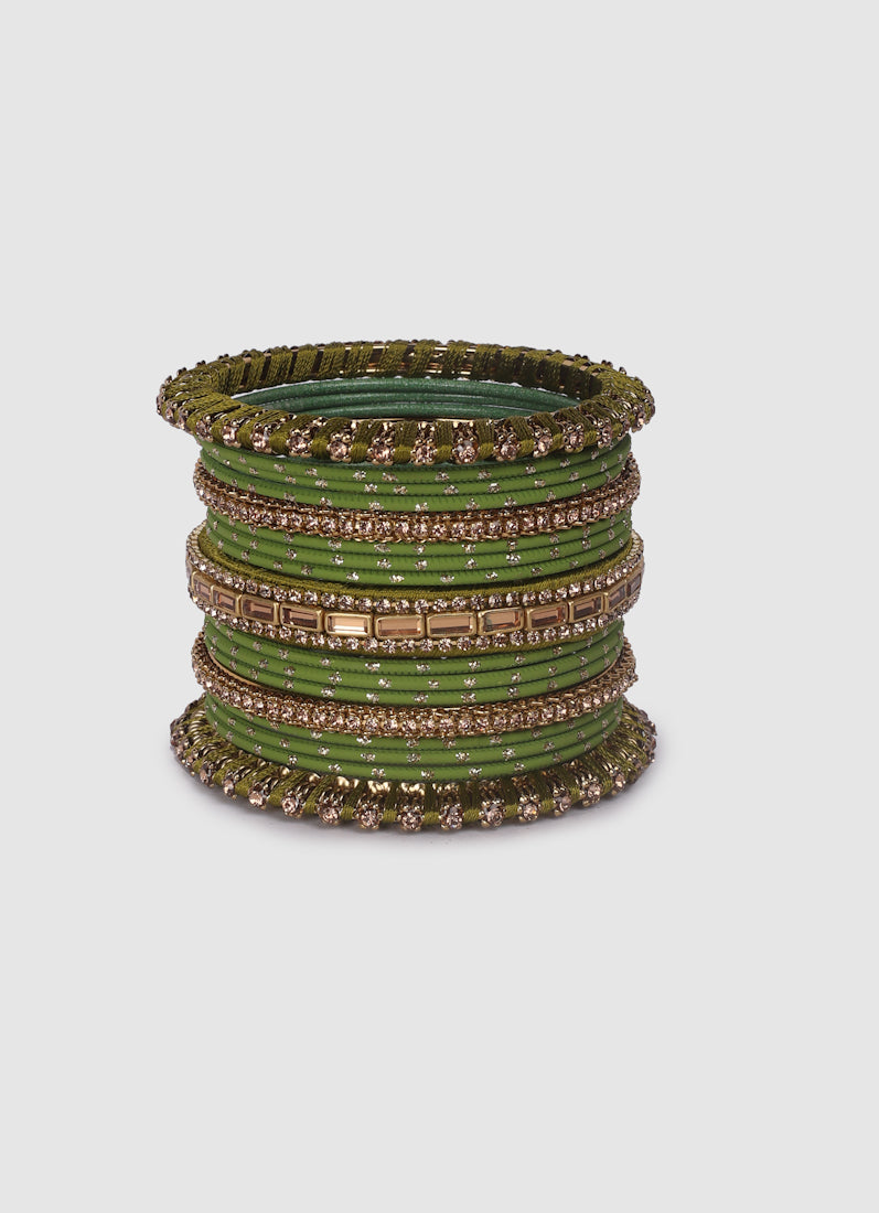 Mehendi Green Threadwork Bangle Set with LCT Diamonte
