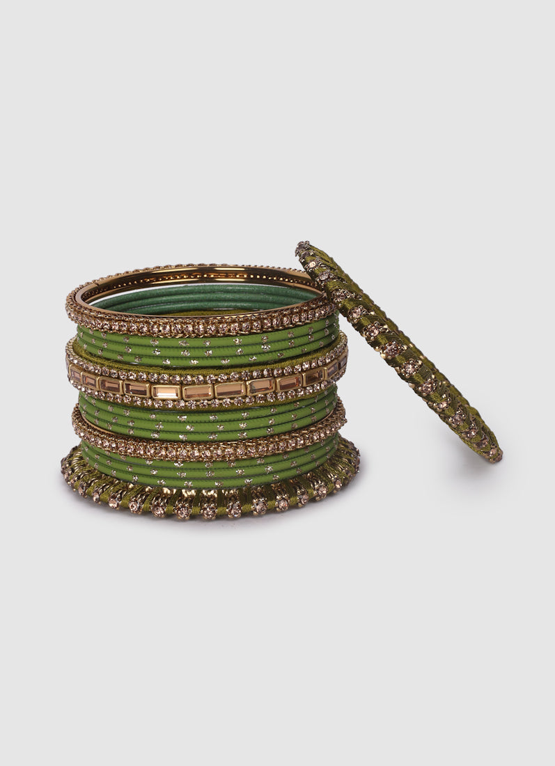 Mehendi Green Threadwork Bangle Set with LCT Diamonte