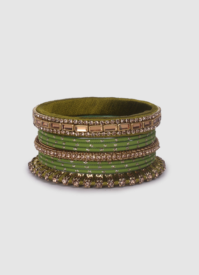 Mehendi Green Threadwork Bangle Set with LCT Diamonte