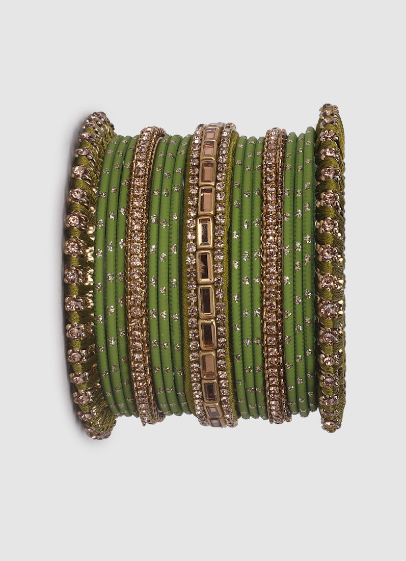 Mehendi Green Threadwork Bangle Set with LCT Diamonte