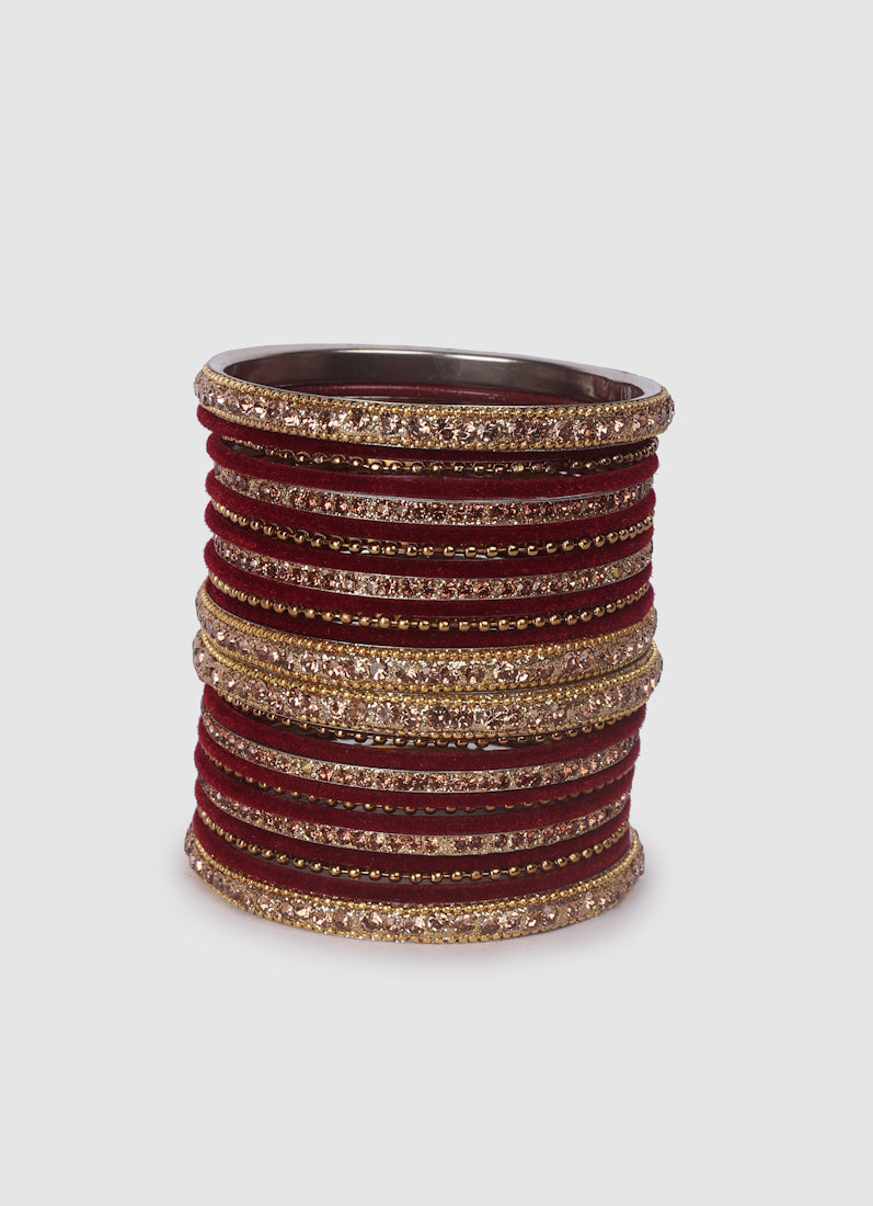 Maroon Velvet Bangle Set with Gold Diamonte