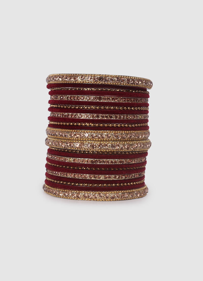 Maroon Velvet Bangle Set with Gold Diamonte