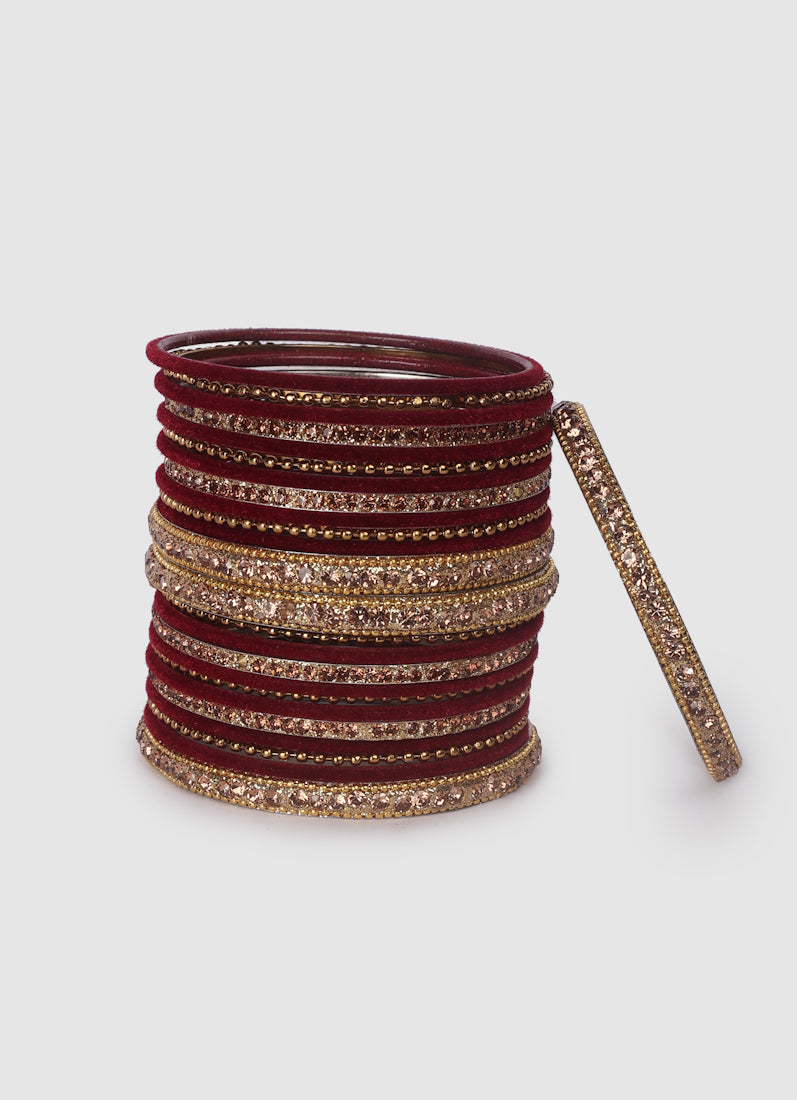Maroon Velvet Bangle Set with Gold Diamonte
