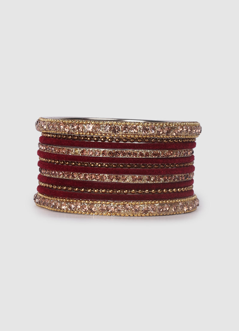 Maroon Velvet Bangle Set with Gold Diamonte