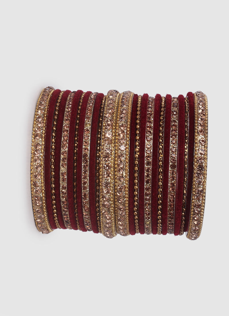 Maroon Velvet Bangle Set with Gold Diamonte