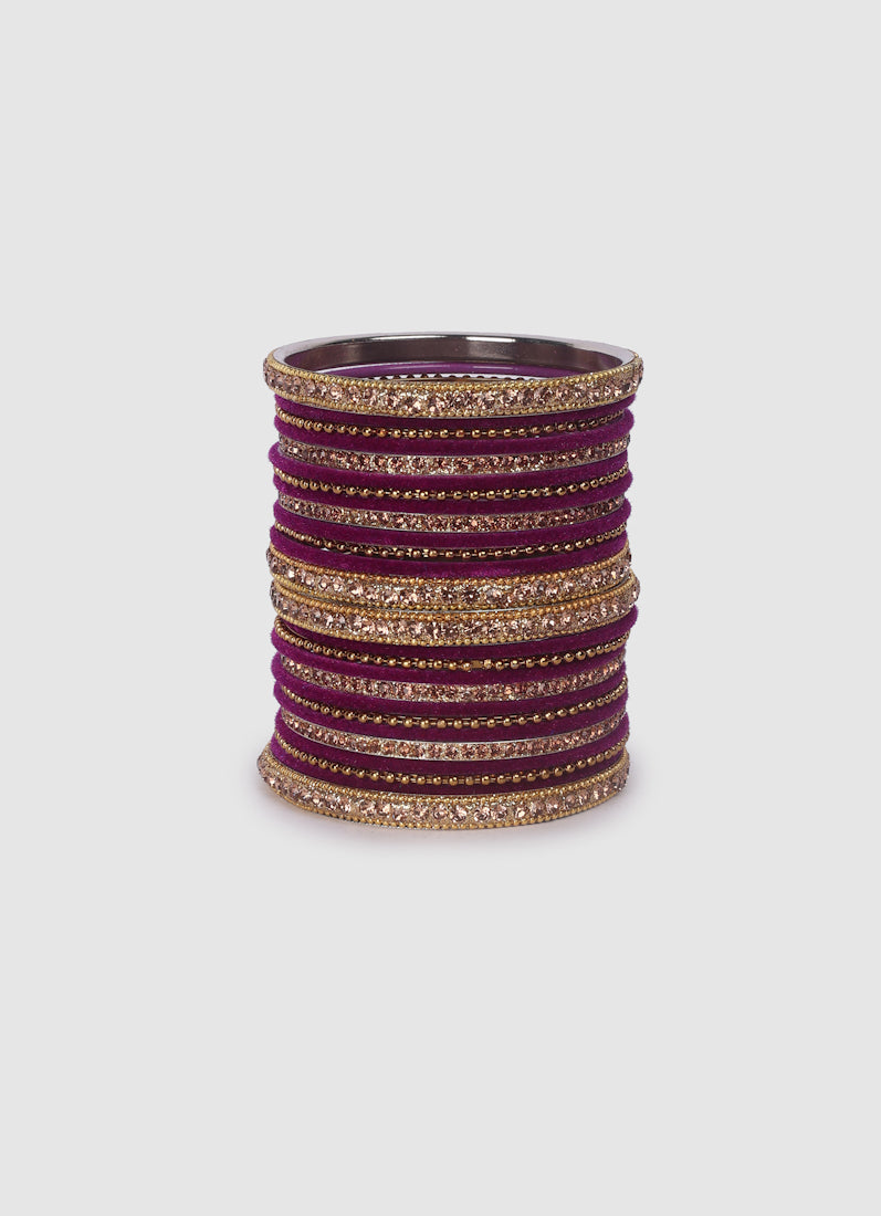 Purple Velvet Bangle Set with Gold Diamonte