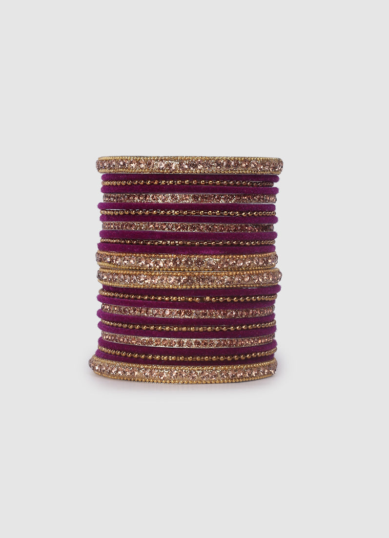 Purple Velvet Bangle Set with Gold Diamonte