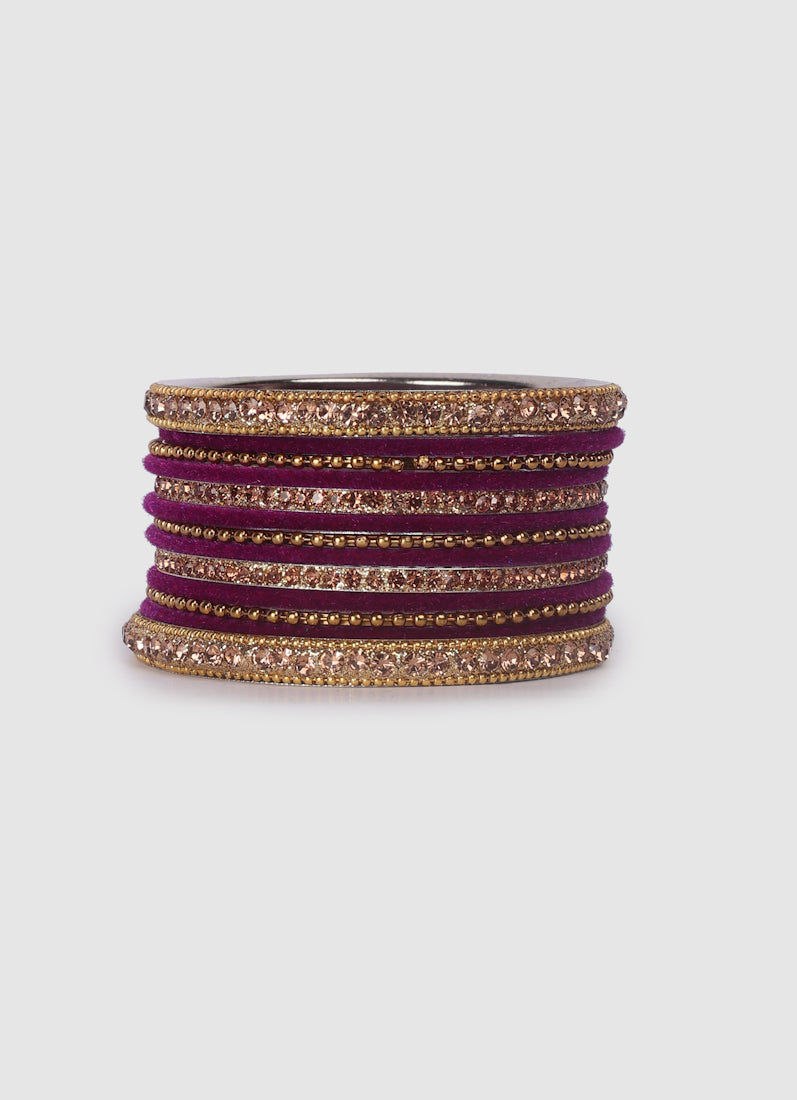 Purple Velvet Bangle Set with Gold Diamonte