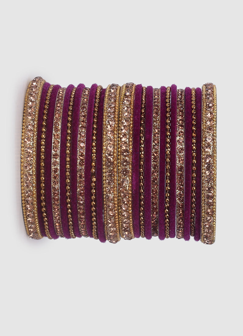 Purple Velvet Bangle Set with Gold Diamonte