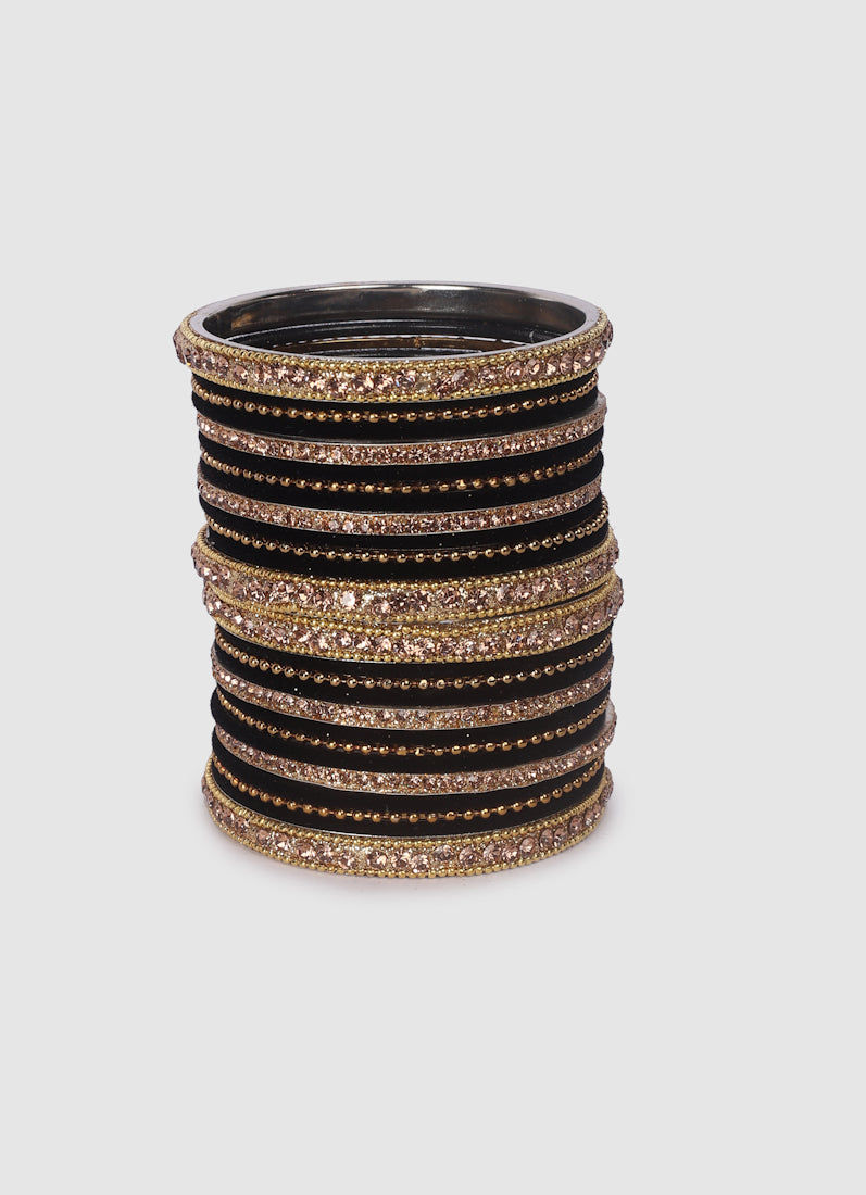Black Velvet Bangle Set with Gold Diamonte