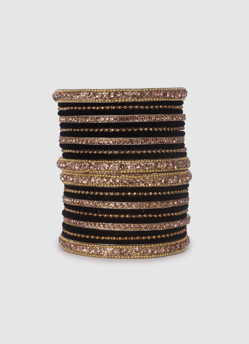 Womens Black Embellished Mixed Bangle Set