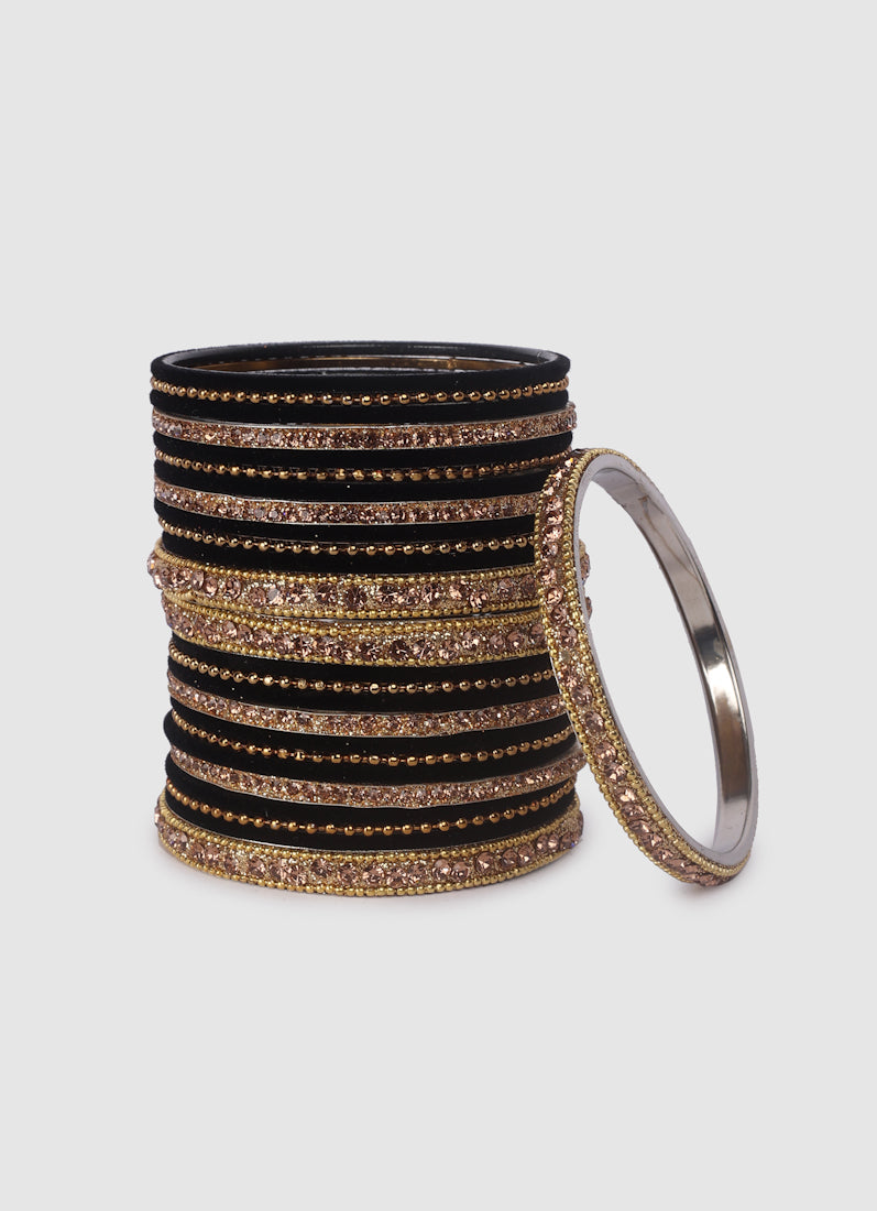 Black Velvet Bangle Set with Gold Diamonte