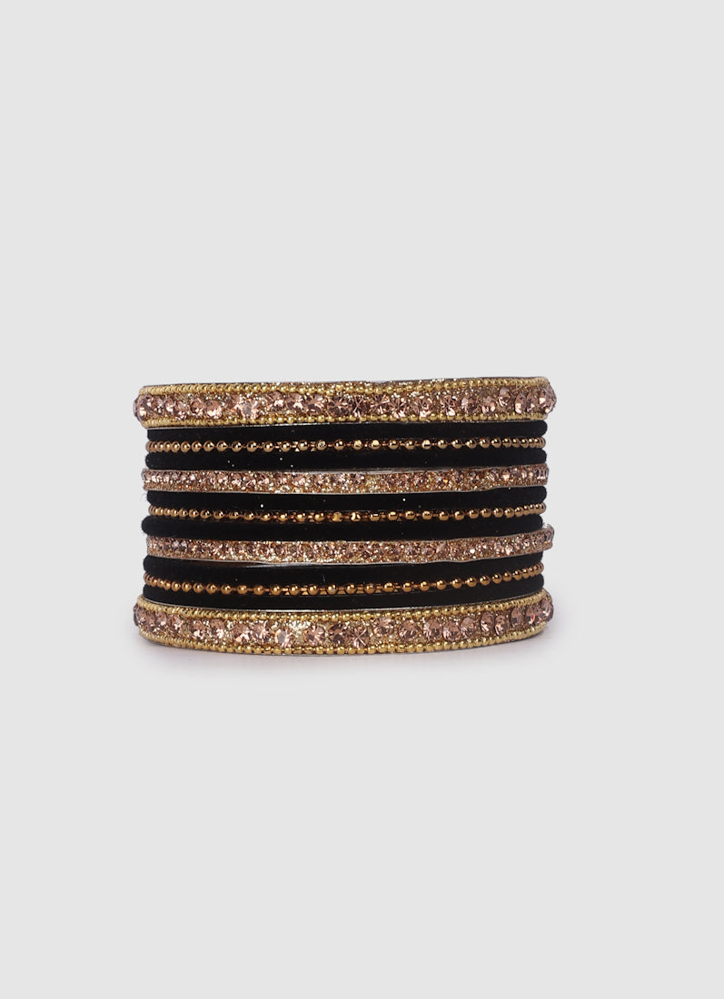 Black Velvet Bangle Set with Gold Diamonte