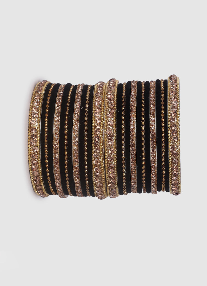 Black Velvet Bangle Set with Gold Diamonte