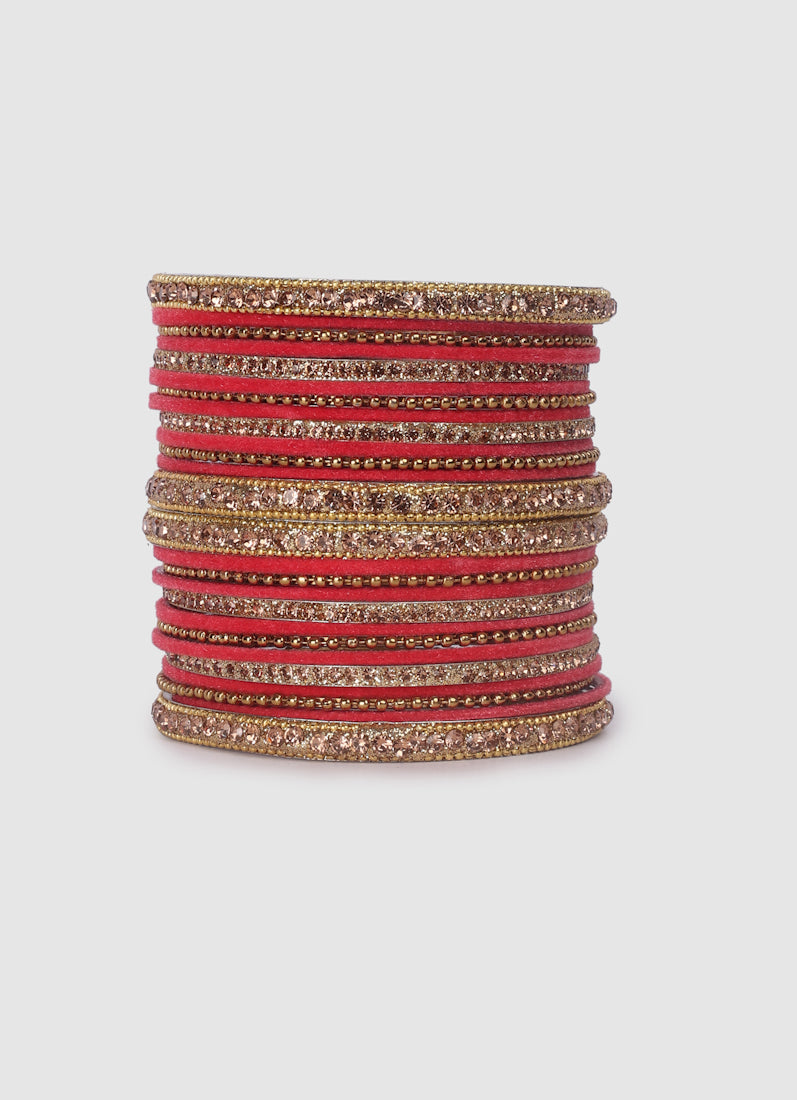 Rose Pink Velvet Bangle Set with Gold Diamonte
