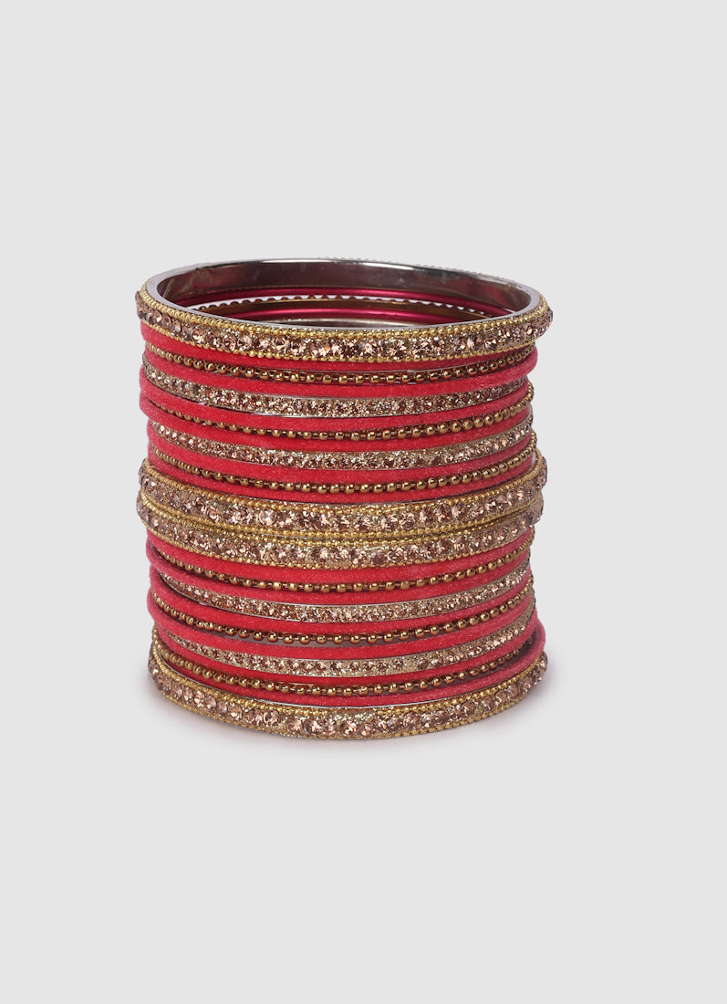 Rose Pink Velvet Bangle Set with Gold Diamonte
