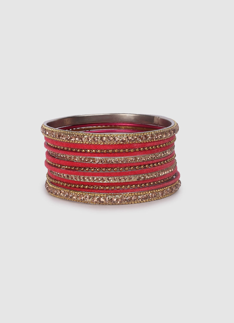 Rose Pink Velvet Bangle Set with Gold Diamonte