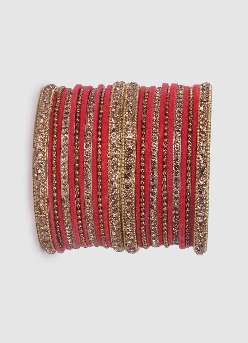 Rose Pink Velvet Bangle Set with Gold Diamonte