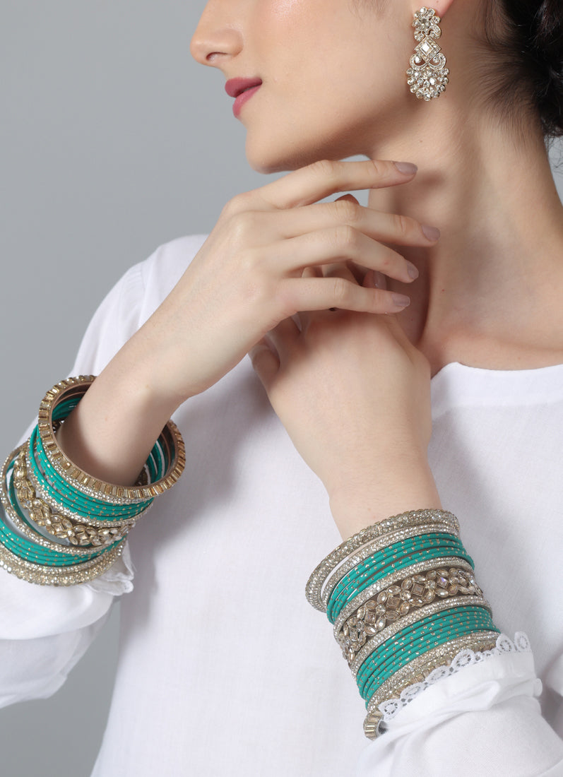 Womens Jade Diamonte Kadha Mixed Bangle Set