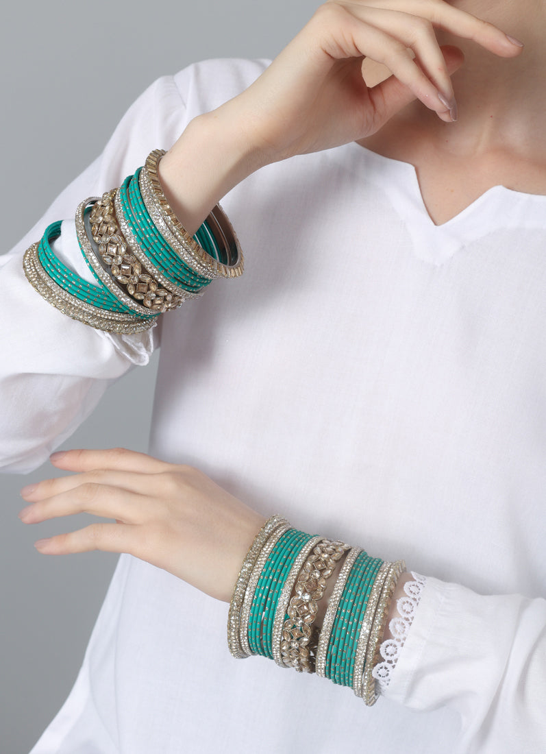 Womens Jade Diamonte Kadha Mixed Bangle Set