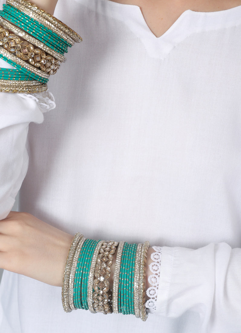 Womens Jade Diamonte Kadha Mixed Bangle Set