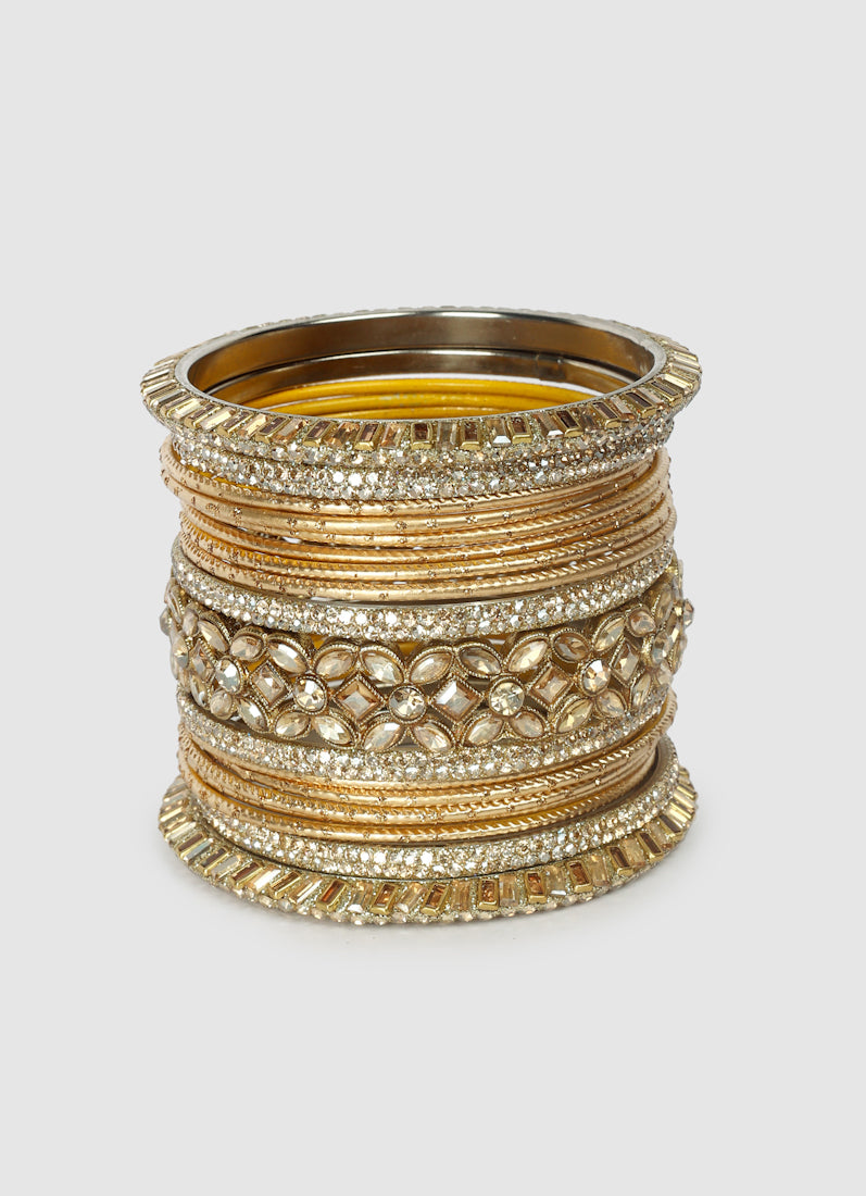 Womens Gold Diamonte Kadha Mixed Bangle Set