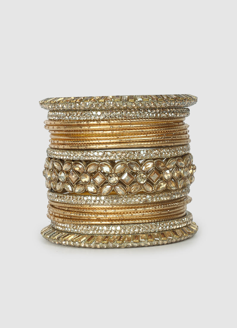 Womens Gold Diamonte Kadha Mixed Bangle Set