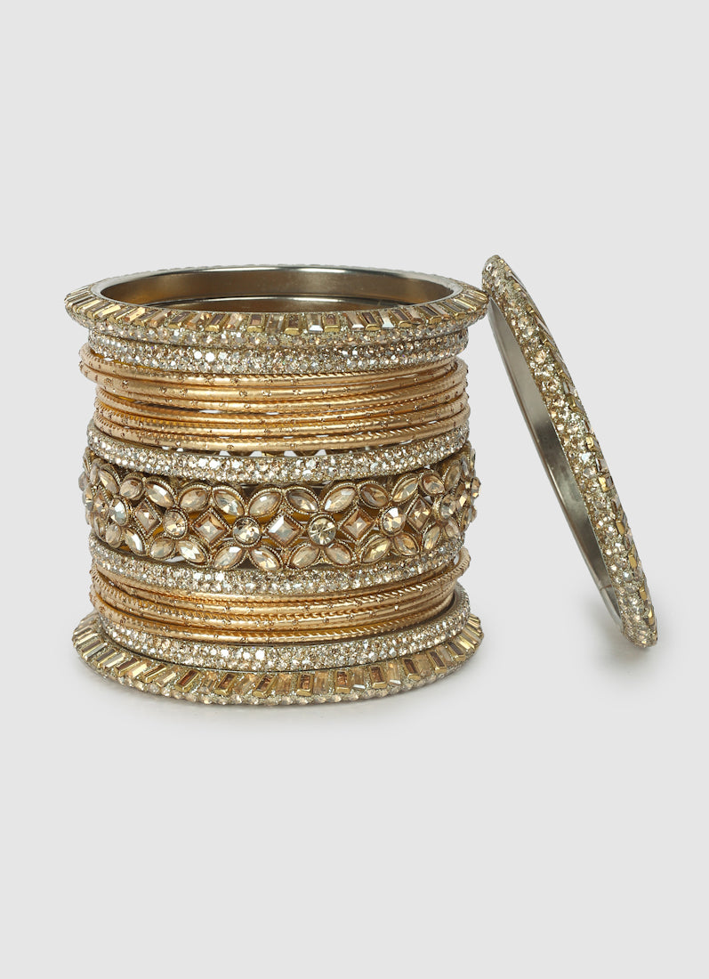 Womens Gold Diamonte Kadha Mixed Bangle Set