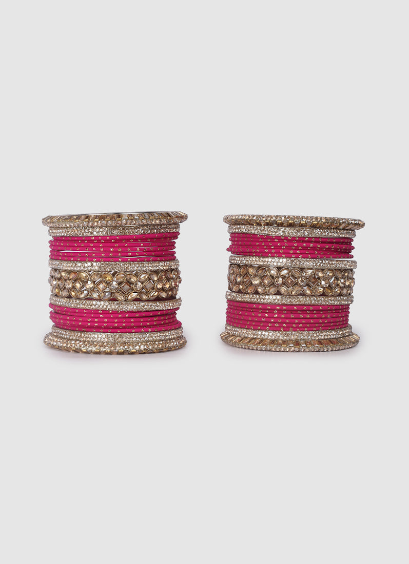 Womens Pink Diamonte Kadha Mixed Bangle Set