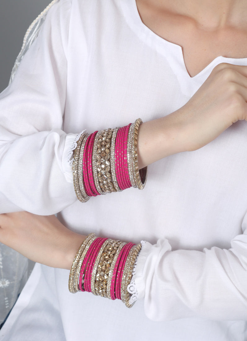 Womens Pink Diamonte Kadha Mixed Bangle Set