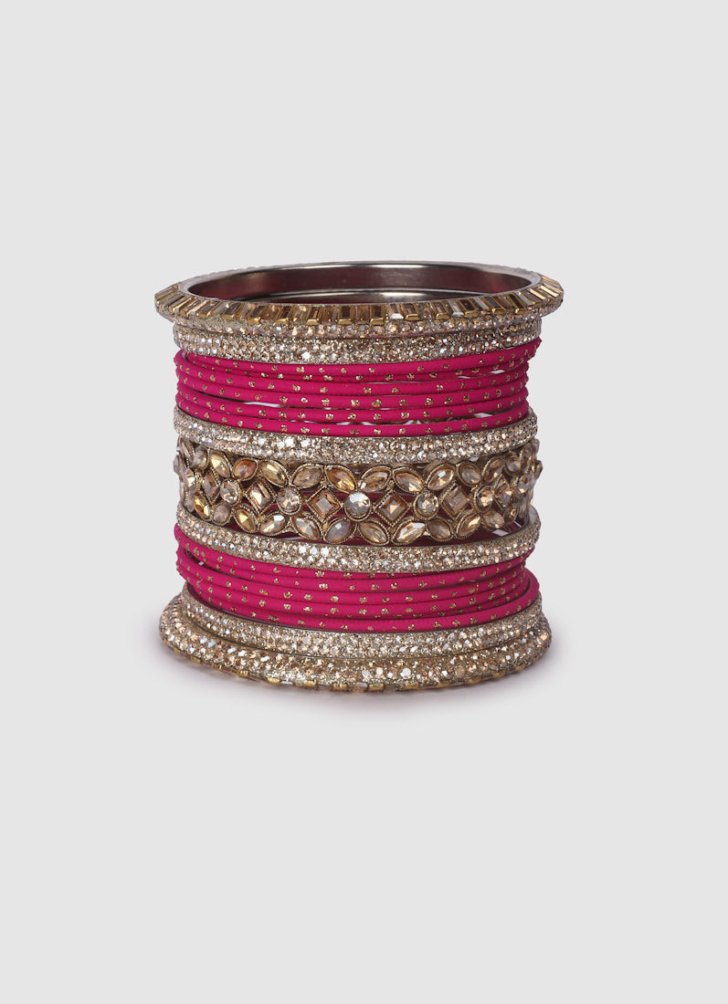 Pink Diamante Kara Double Bangle Set for Women - Bridal Wedding & Festive Ethnic Jewellery