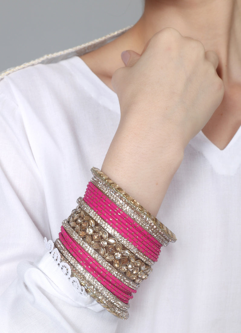 Womens Pink Diamonte Kadha Mixed Bangle Set