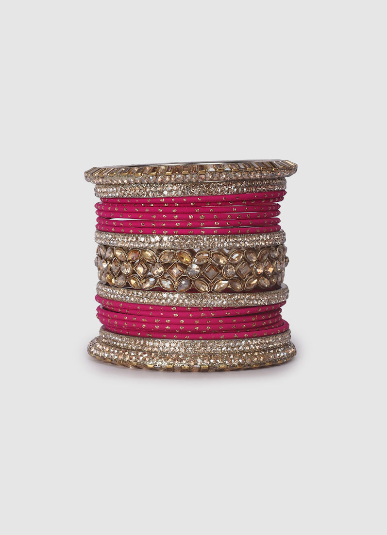 Pink Diamante Kara Double Bangle Set for Women - Bridal Wedding & Festive Ethnic Jewellery