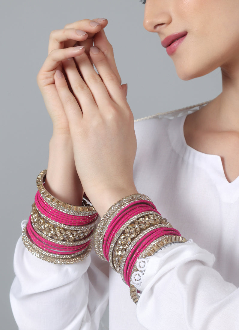 Pink Diamante Kara Double Bangle Set for Women - Bridal Wedding & Festive Ethnic Jewellery