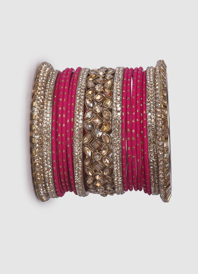 Pink Diamante Kara Double Bangle Set for Women - Bridal Wedding & Festive Ethnic Jewellery