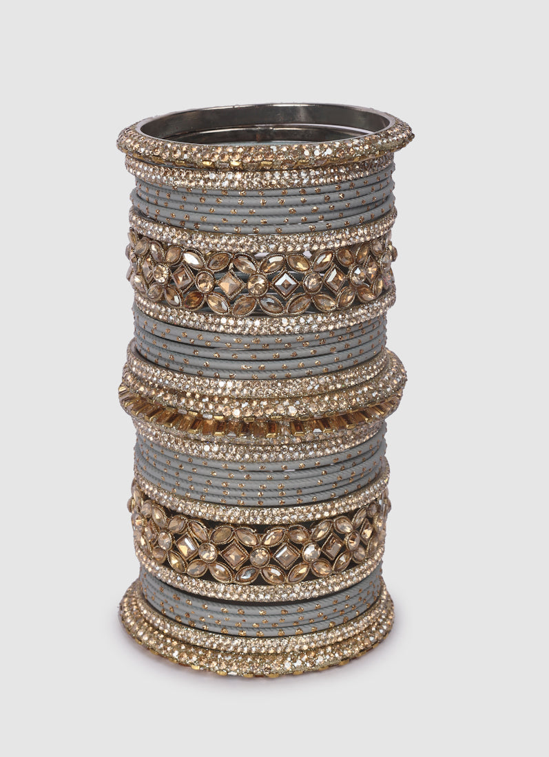 Womens Grey Diamonte Kadha Mixed Bangle Set
