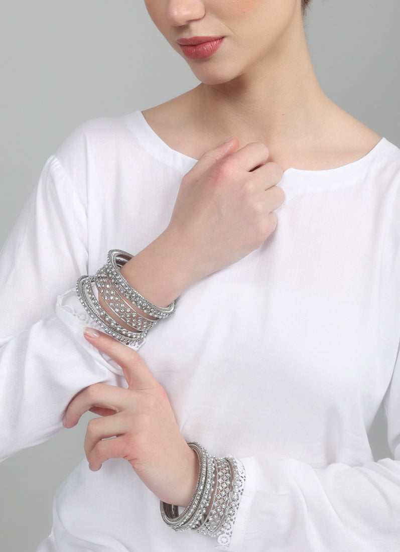 Womens Silver Multiple Kadha Mixed Bangle Set