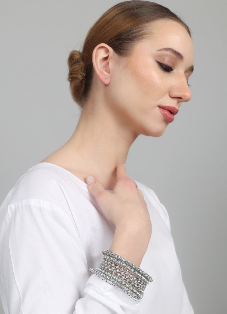 Womens Silver Multiple Kadha Mixed Bangle Set