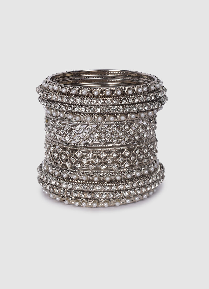Womens Silver Multiple Kadha Mixed Bangle Set