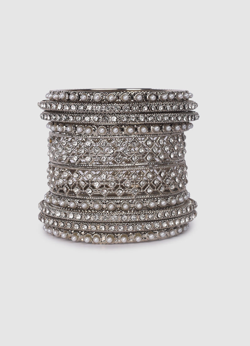Womens Silver Multiple Kadha Mixed Bangle Set