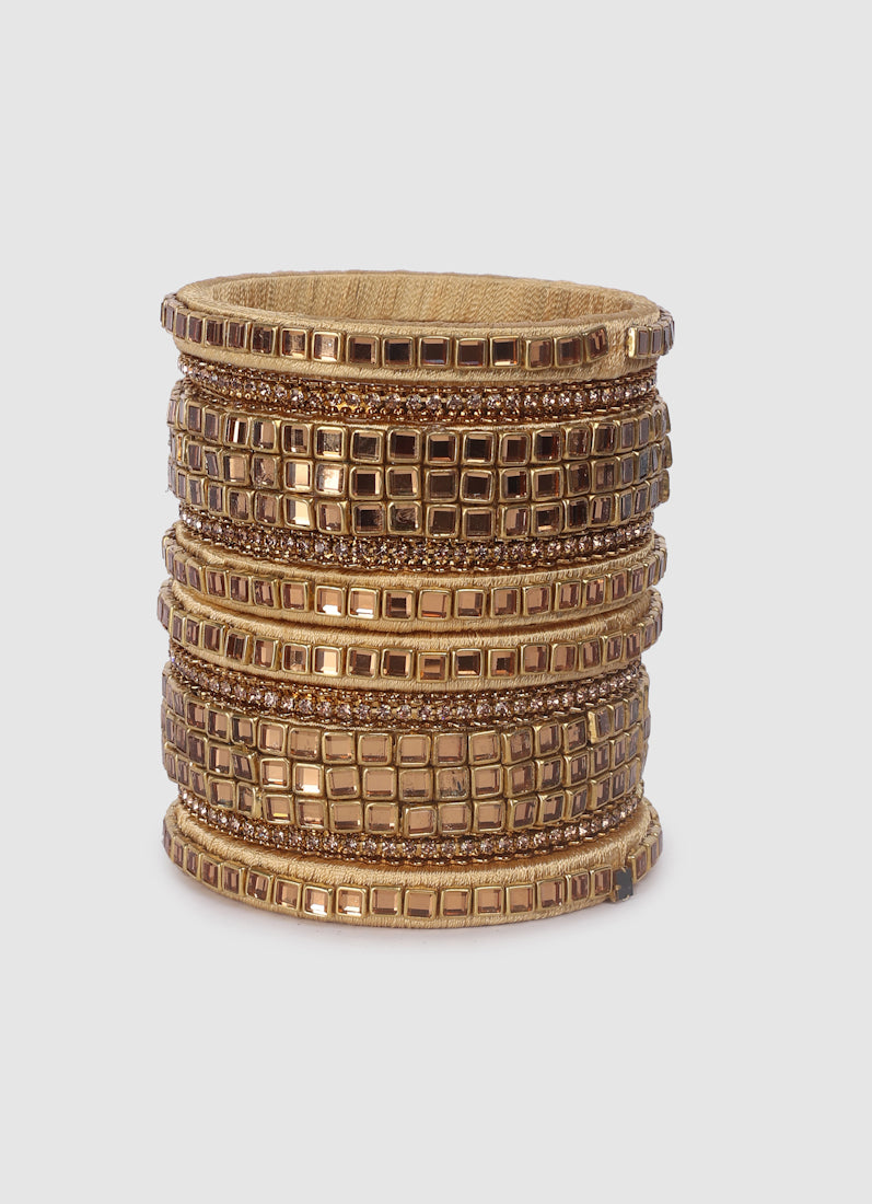 Gold Threadwork Bangle Set with Square Stones