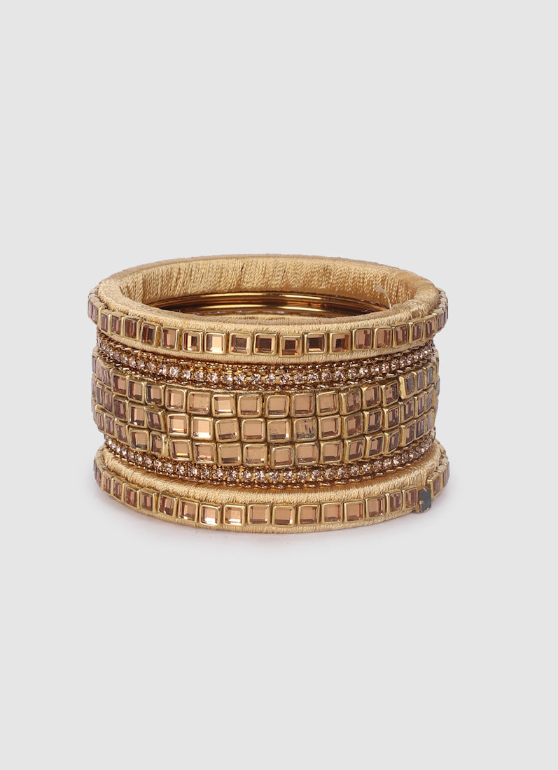 Gold Threadwork Bangle Set with Square Stones