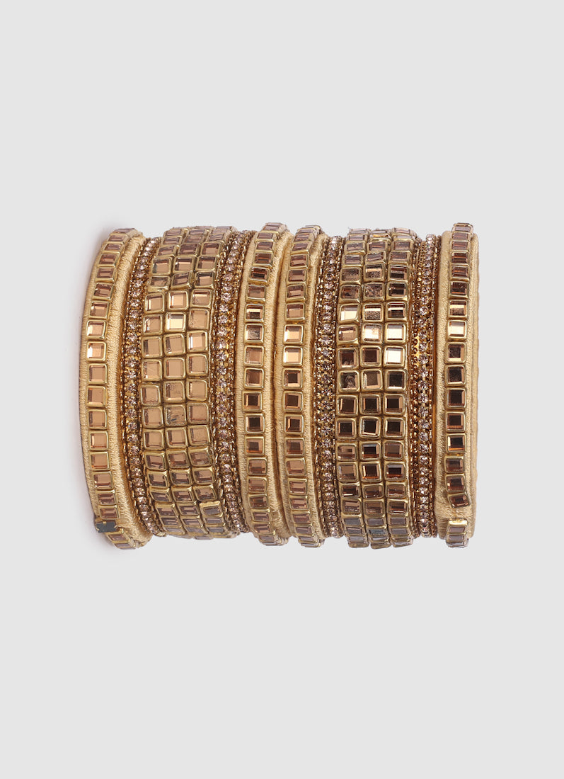 Gold Threadwork Bangle Set with Square Stones