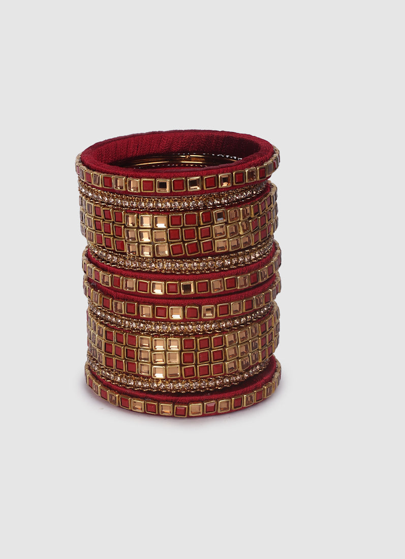 Maroon Threadwork Bangle Set with Square Stones