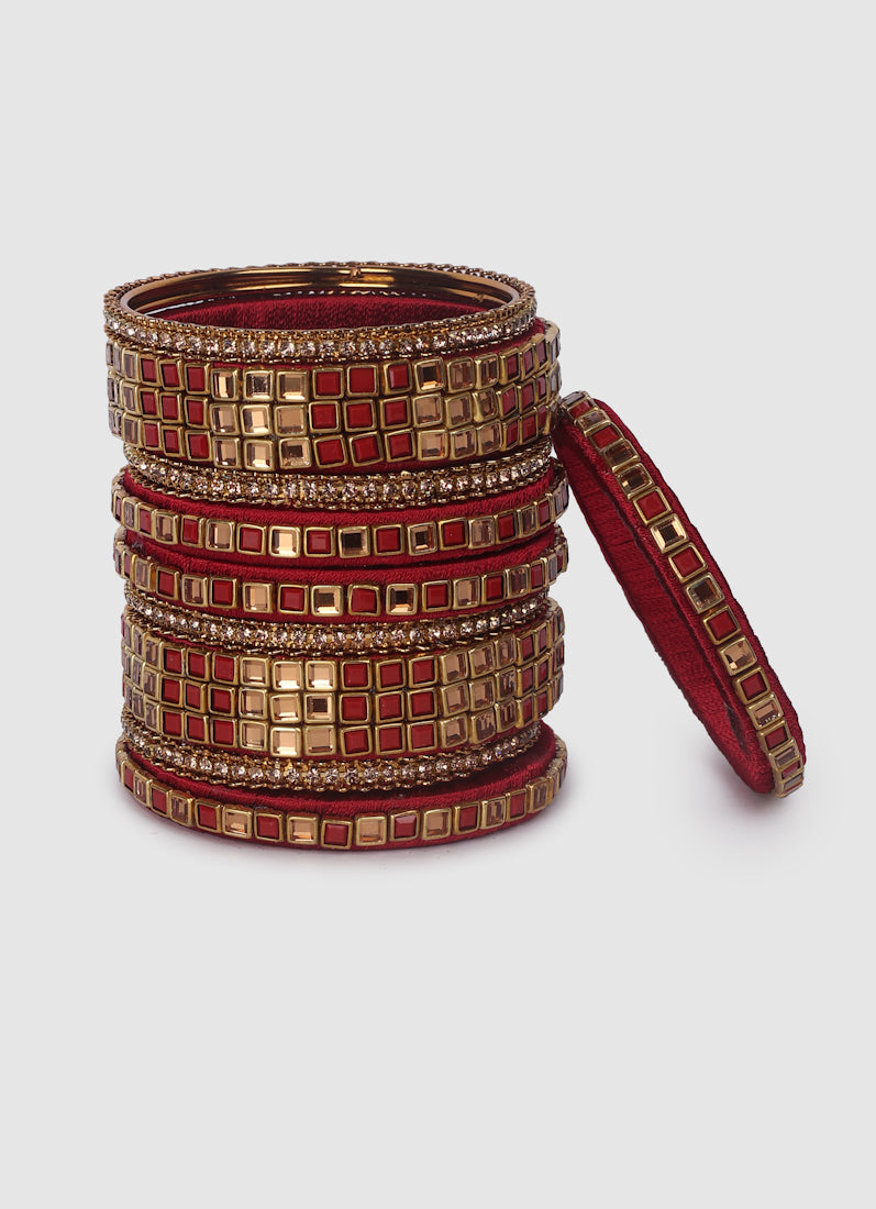 Maroon Threadwork Bangle Set with Square Stones